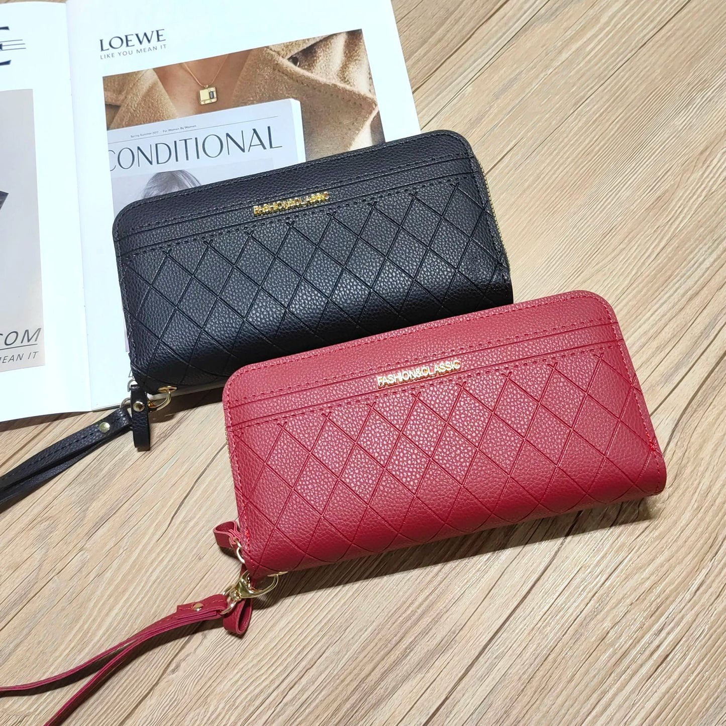 Long Fashion Double Layer Zipper Embossed Thick Large Ladies Wallets