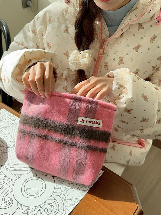 Korean Style Plaid Retro Simple Large Capacity Woolen Cosmetic Bags