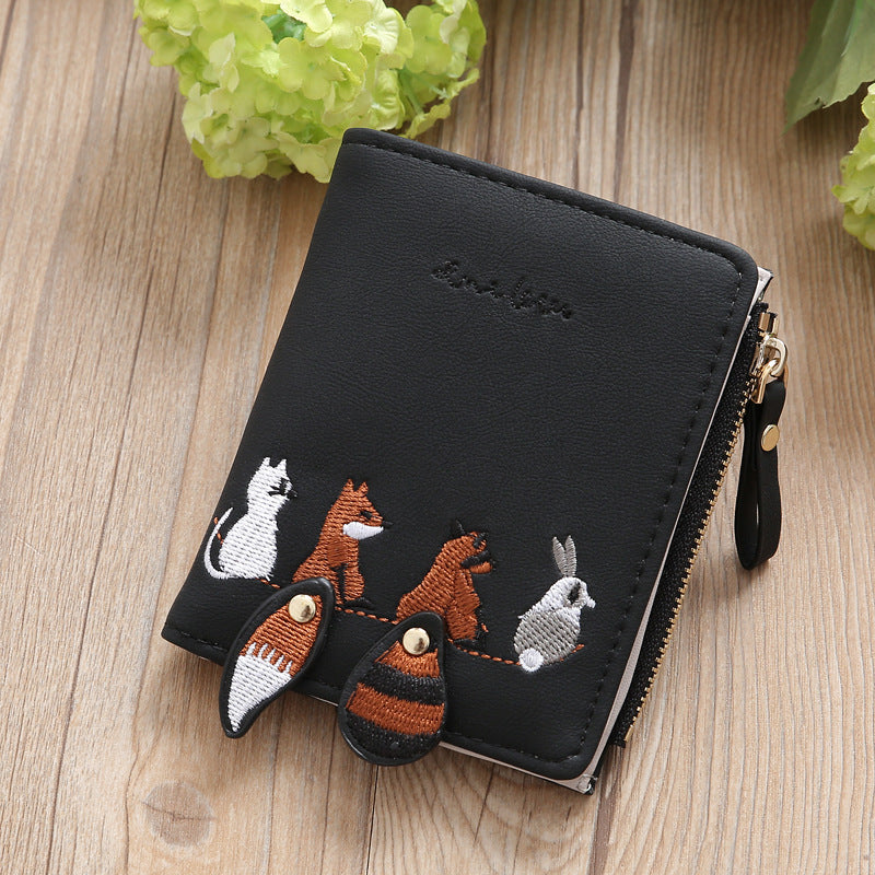 Korean Small Short Female Embroidery Zipper Multiple Ladies Wallets