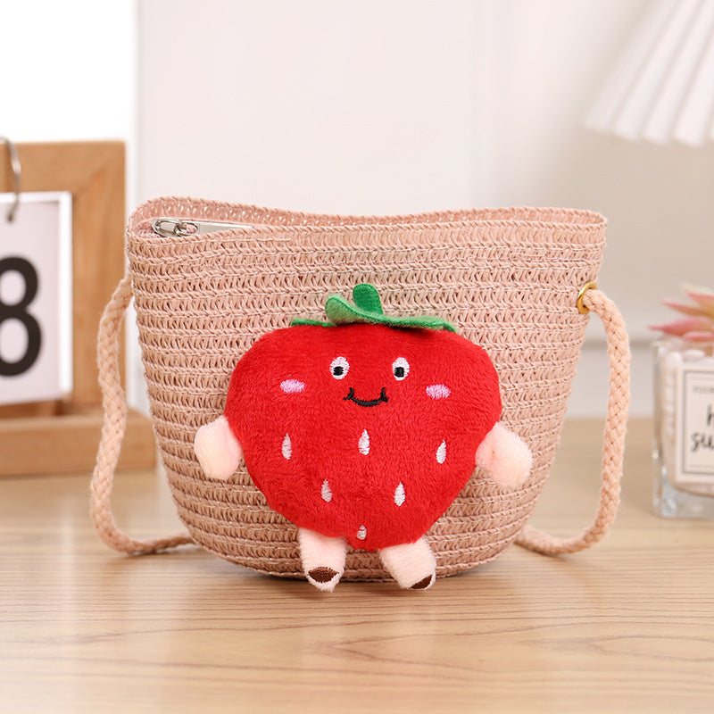 Porte-monnaie en paille tissée aux fraises pour enfants, petit changement, mignon