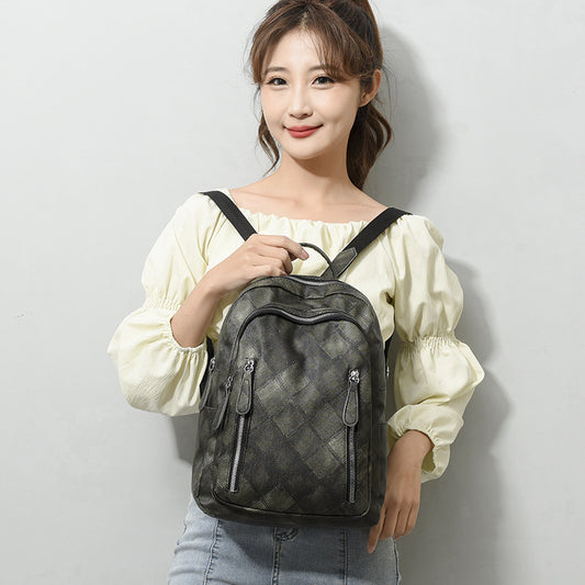 Women's Retro Soft Leather Fashion Rhombus Urban Backpacks