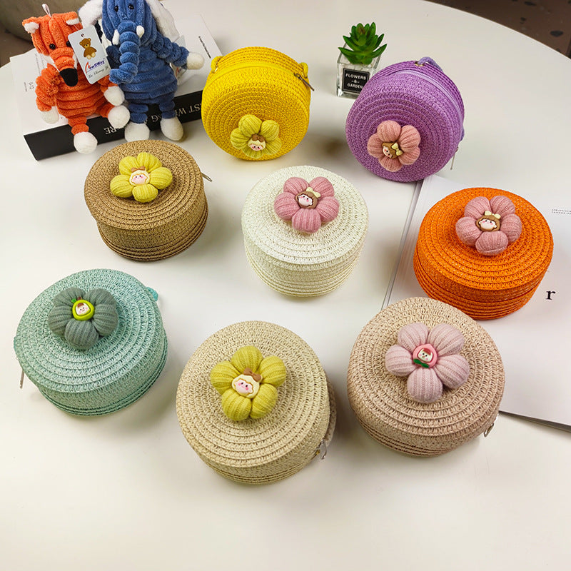 Children's Mini Straw Flower Woven Small Little Coin Purses